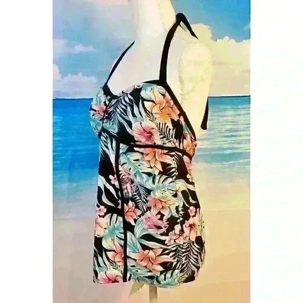 BEACH BUMP Floral MATERNITY Swim TANKINI TOP Bathing Suit HALTER Tie size Lg